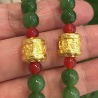 24K Pure Yellow Gold Buddha Symbol Tongtong With Genuine Green Jade Round Beads Bracelet Bangle ( 8 mm )