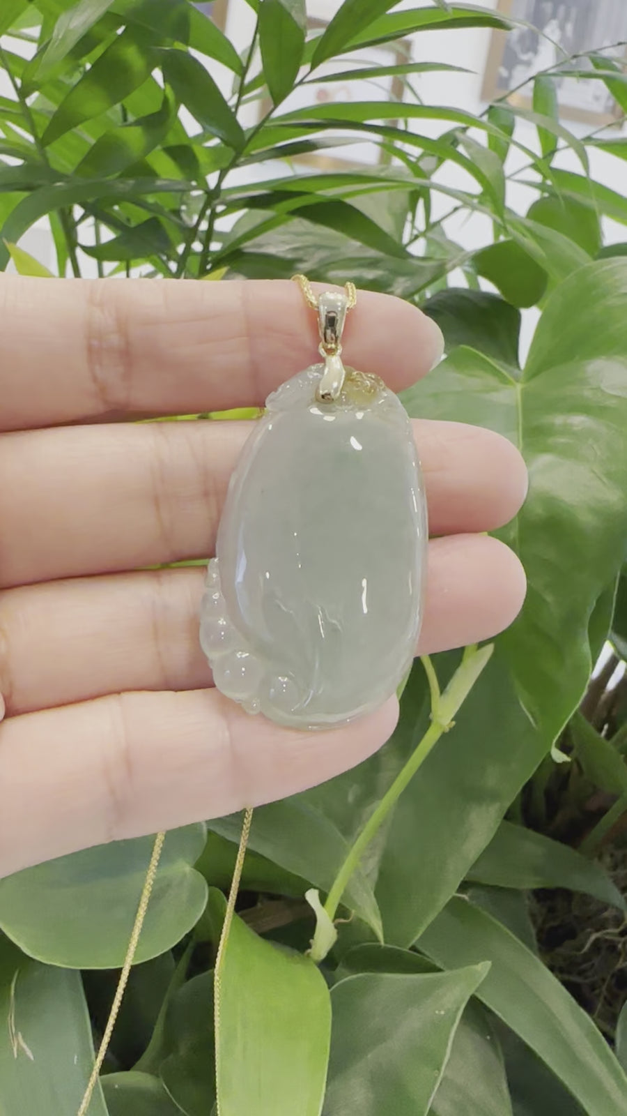 Natural Ice Jadeite Jade Shou Tao ( Longevity Peach ) Necklace With 14k Yellow Gold Bail