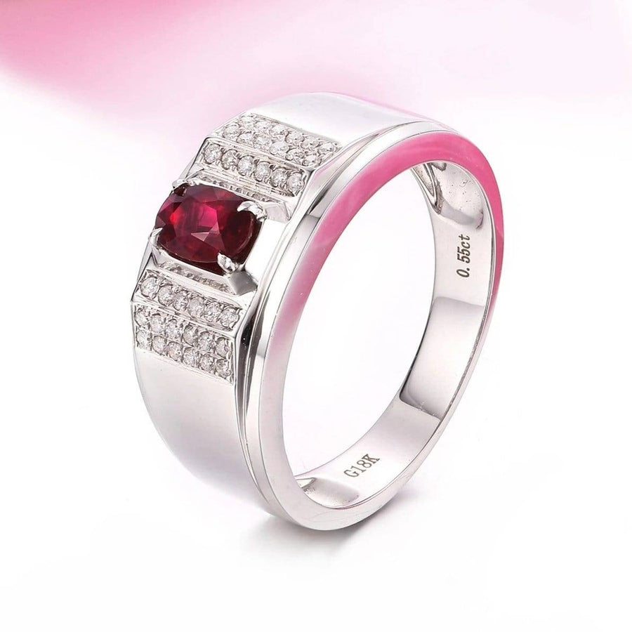 Baikalla Jewelry Gold Men's Ring 8 18k White Gold Natural 0.55 ct Ruby Men's Halo Ring with Diamonds