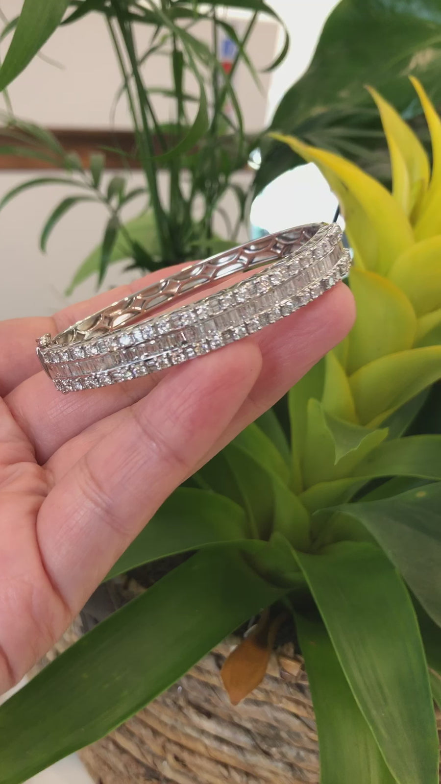 10k White Gold Channel set baguette& round diamonds Oval Bangle Bracelet