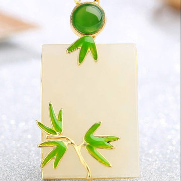 Baikalla Jewelry Silver Gemstone Necklace Genuine Nephrite White Jade Pendant & Bamboo Designs