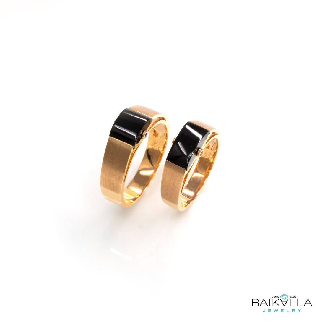 Baikalla Jewelry Gold Jadeite Jade Ring One Pair Baikalla™ "Classic Half Round Cabochon" Genuine Burmese Emerald Cut Black Jadeite Jade Engagement Ring