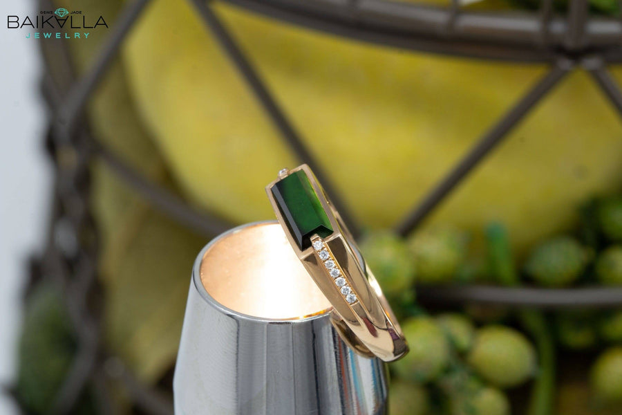 Baikalla Jewelry Gold Jadeite Jade Ring Baikalla™ "Classic Emerald Style" Genuine Burmese Emerald Cut Black Jadeite Jade Engagement Ring