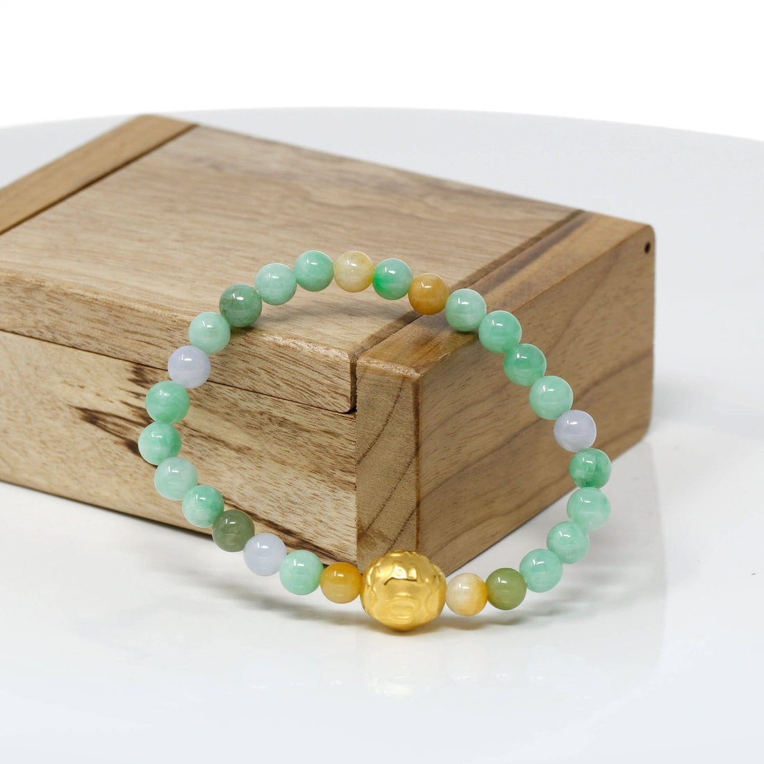 Baikalla Jewelry 24k Gold Jadeite Beads Bracelet Genuine High-quality Jade Jadeite Bracelet Bangle with 24k Yellow Gold Buddha Symbol ( Six Word Proverbs ) Charm #429