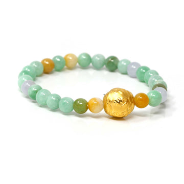 Baikalla Jewelry 24k Gold Jadeite Beads Bracelet XS 6 Inches Genuine High-quality Jade Jadeite Bracelet Bangle with 24k Yellow Gold Buddha Symbol ( Six Word Proverbs ) Charm #429
