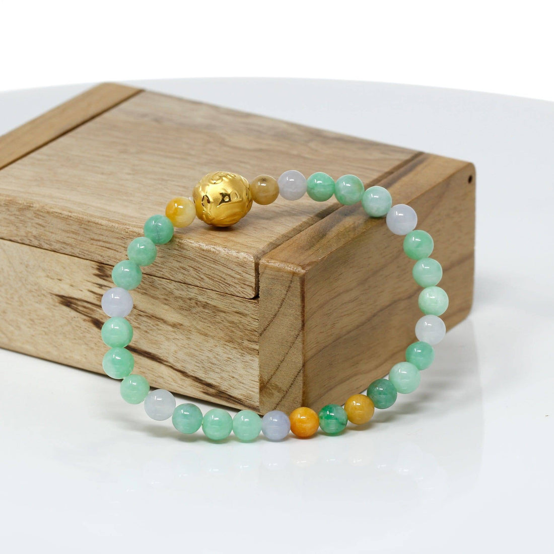 Baikalla Jewelry 24k Gold Jadeite Beads Bracelet Genuine High-quality Jade Jadeite Bracelet Bangle with 24k Yellow Gold Buddha Symbol ( Six Word Proverbs ) Charm #429