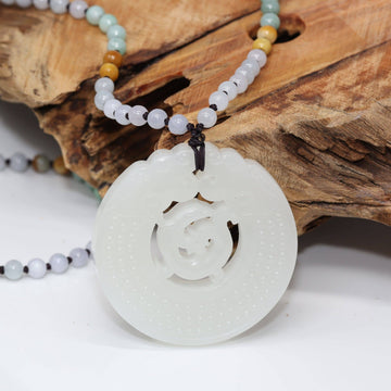 Baikalla Jewelry Nephrite Jade Necklace Genuine HeTian White Nephrite Jade Double Dragon Pendant Necklace ( Carved Art & Top Quality )