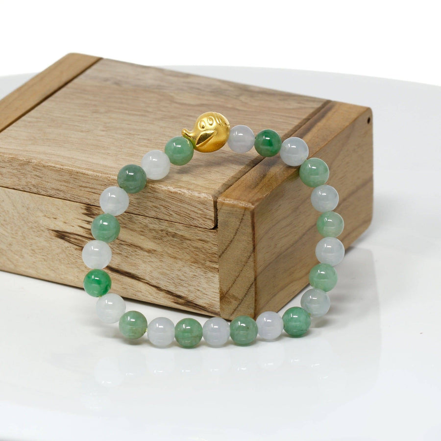 Baikalla Jewelry 24k Gold Jadeite Beads Bracelet XS 6 Inches Genuine High-quality Jade Jadeite Bracelet Bangle with 24k Yellow Gold Duck Charm #408