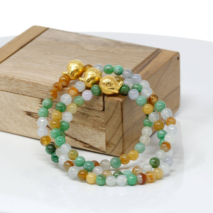 Baikalla Jewelry 24k Gold Jadeite Beads Bracelet Genuine High-quality Jade Jadeite Bracelet Bangle with 24k Yellow Golden Duck Charm Colorful  #407