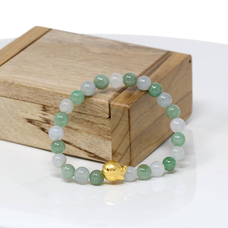 Baikalla Jewelry 24k Gold Jadeite Beads Bracelet Genuine High-quality Jade Jadeite Bracelet Bangle with 24k Yellow Gold Duck Charm #408