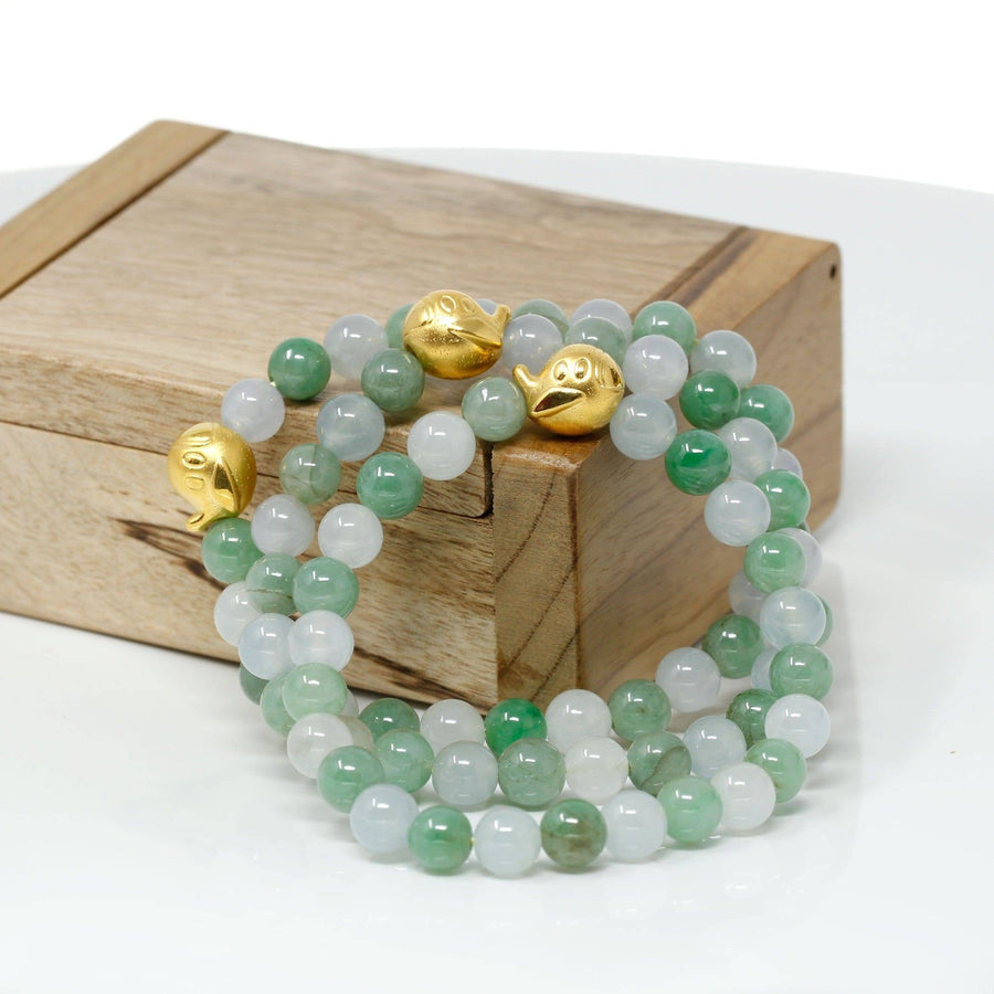 Baikalla Jewelry 24k Gold Jadeite Beads Bracelet Genuine High-quality Jade Jadeite Bracelet Bangle with 24k Yellow Gold Duck Charm #408