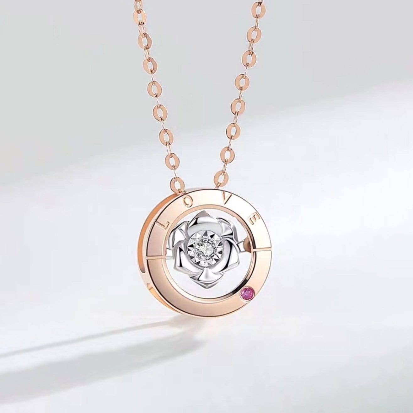 Baikalla Jewelry Baikalla™ Love Collection 18K Rose Gold Genuine Red Ruby &amp; Diamond Round Rose Flower Love Necklace