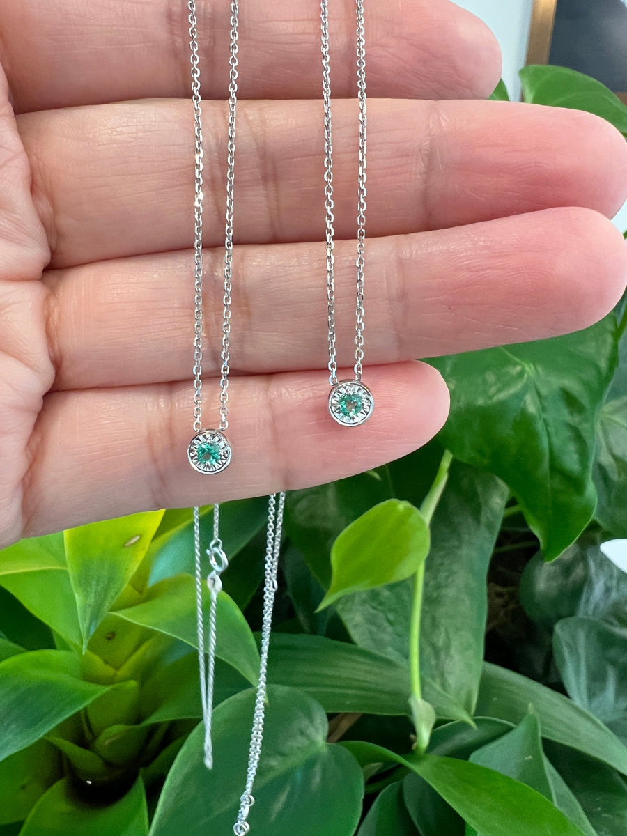 Baikalla Jewelry Gemstone Pendant Necklace Baikalla™ 14k White Gold Emerald Round 4 Prong Set Necklace With Diamond-Cut Halo