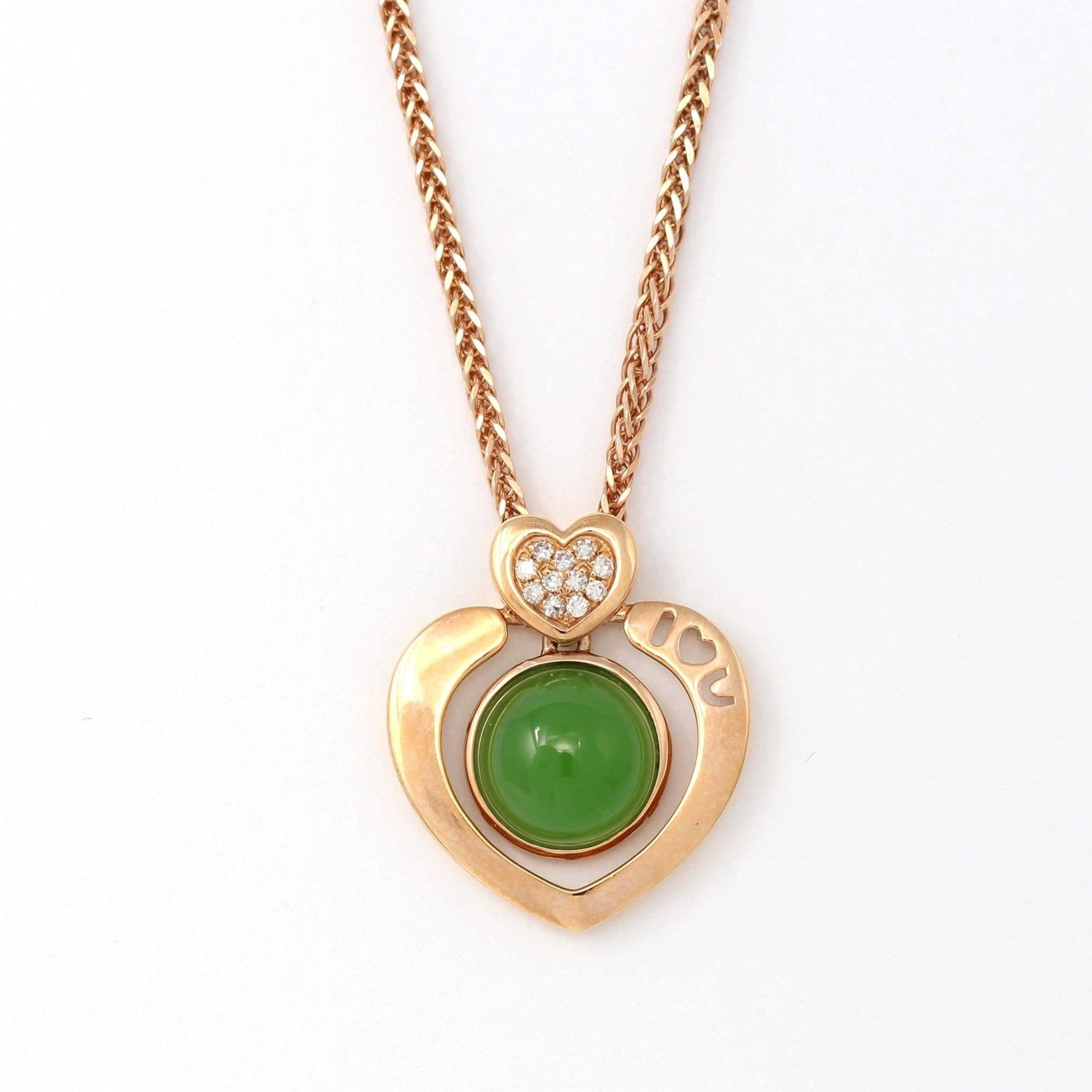 Baikalla Jewelry Gold Jade Necklace Baikalla™ " I♡U " 18K Gold Genuine Nephrite Green Jade Heart Shape Pendant Necklace With Diamonds