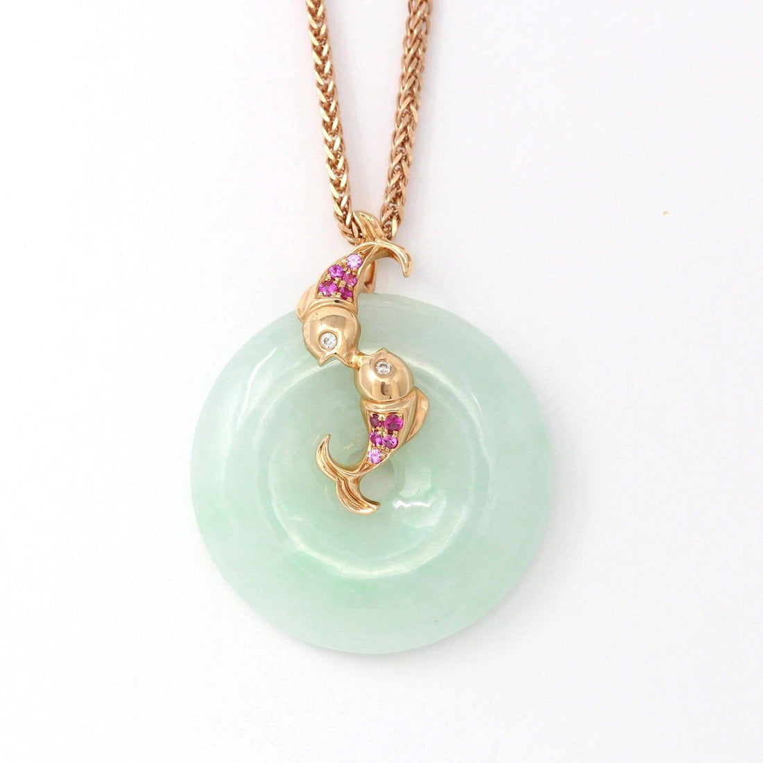 Baikalla Jewelry Gold Jadeite Pendant 18k Rose Gold Genuine Jadeite Constellation Pisces Necklace with Diamonds & Tourmaline