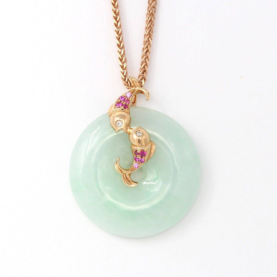 Baikalla Jewelry Gold Jadeite Pendant 18k Rose Gold Genuine Jadeite Constellation Pisces Necklace with Diamonds & Tourmaline