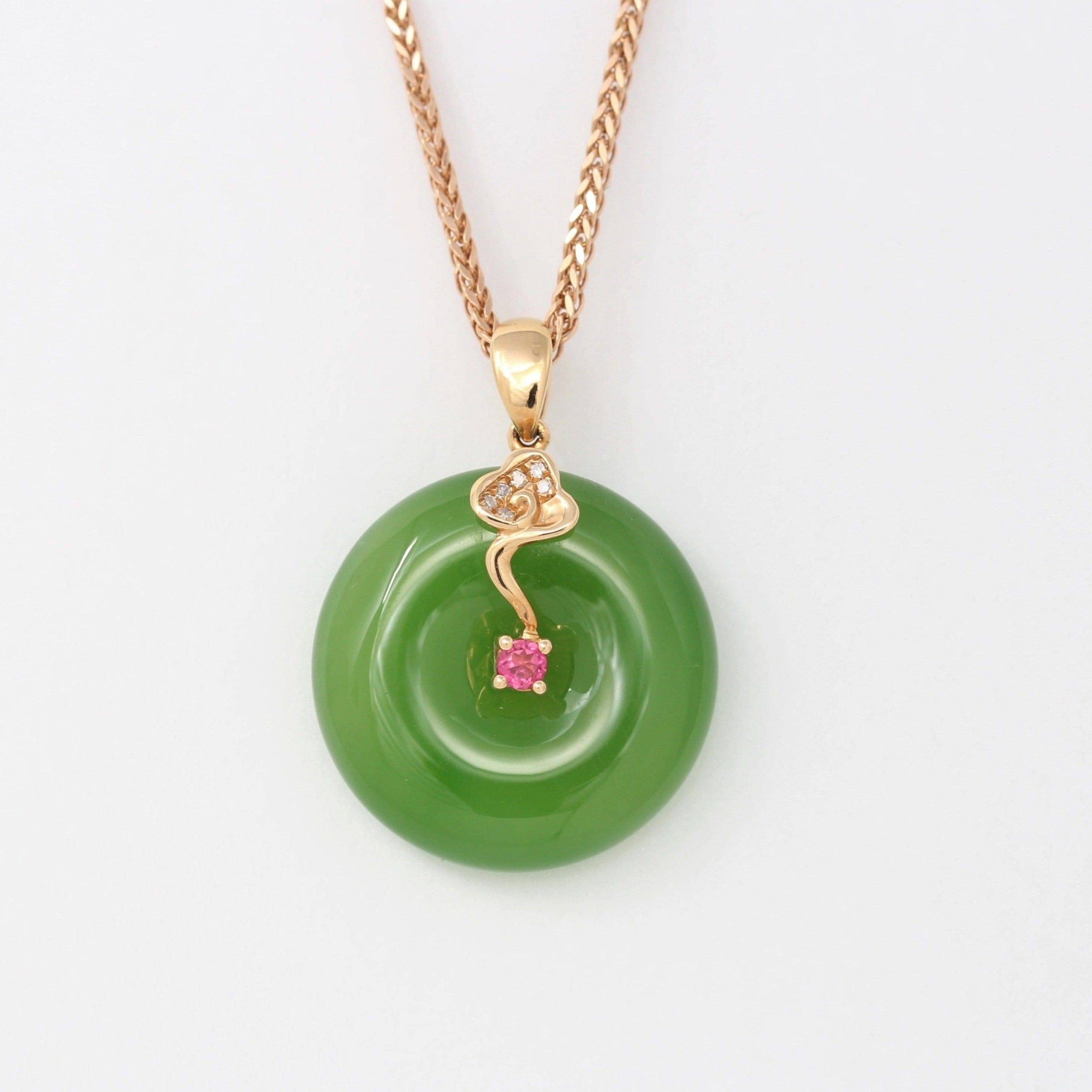 Baikalla Jewelry Nephrite Jade Necklace Baikalla™ "Good Luck Circle" 18k Rose Gold Genuine Nephrite Green Jade Pendant Necklace With AA Tourmaline and SI Diamonds