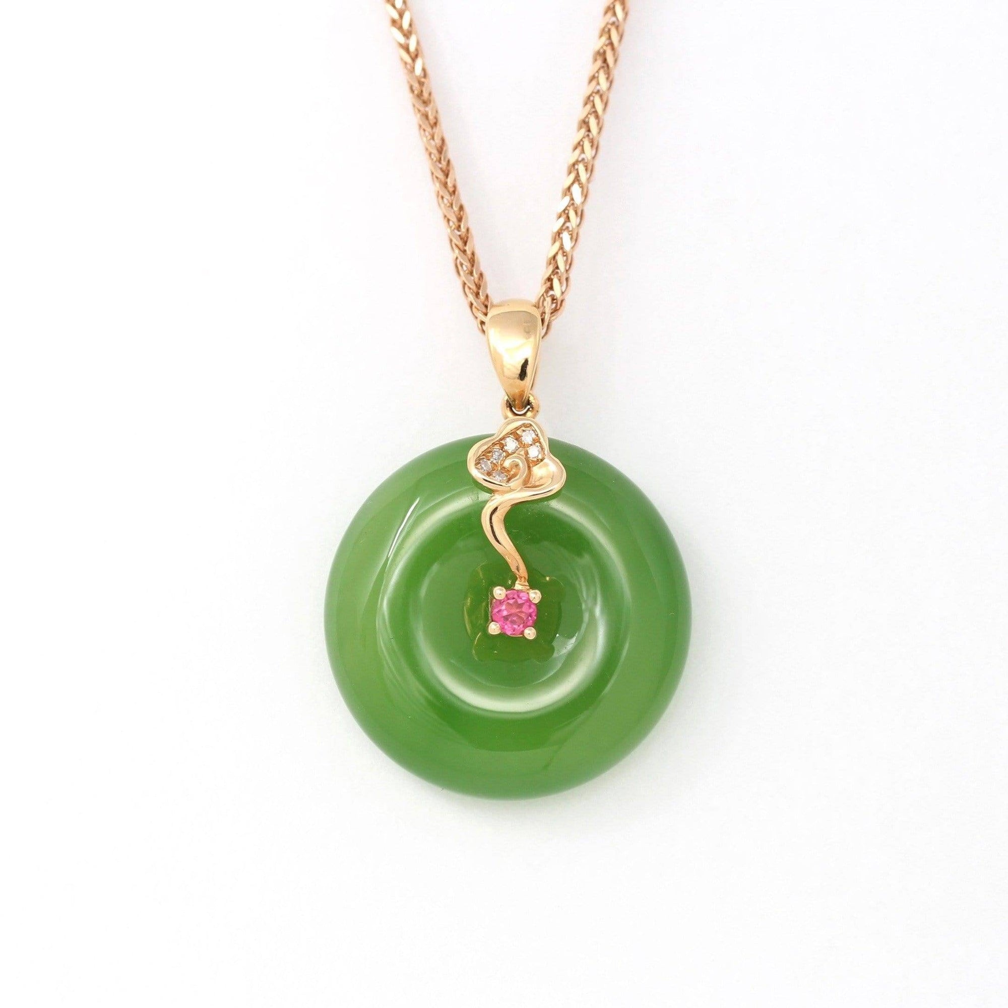 Baikalla Jewelry Nephrite Jade Necklace Baikalla™ "Good Luck Circle" 18k Rose Gold Genuine Nephrite Green Jade Pendant Necklace With AA Tourmaline and SI Diamonds