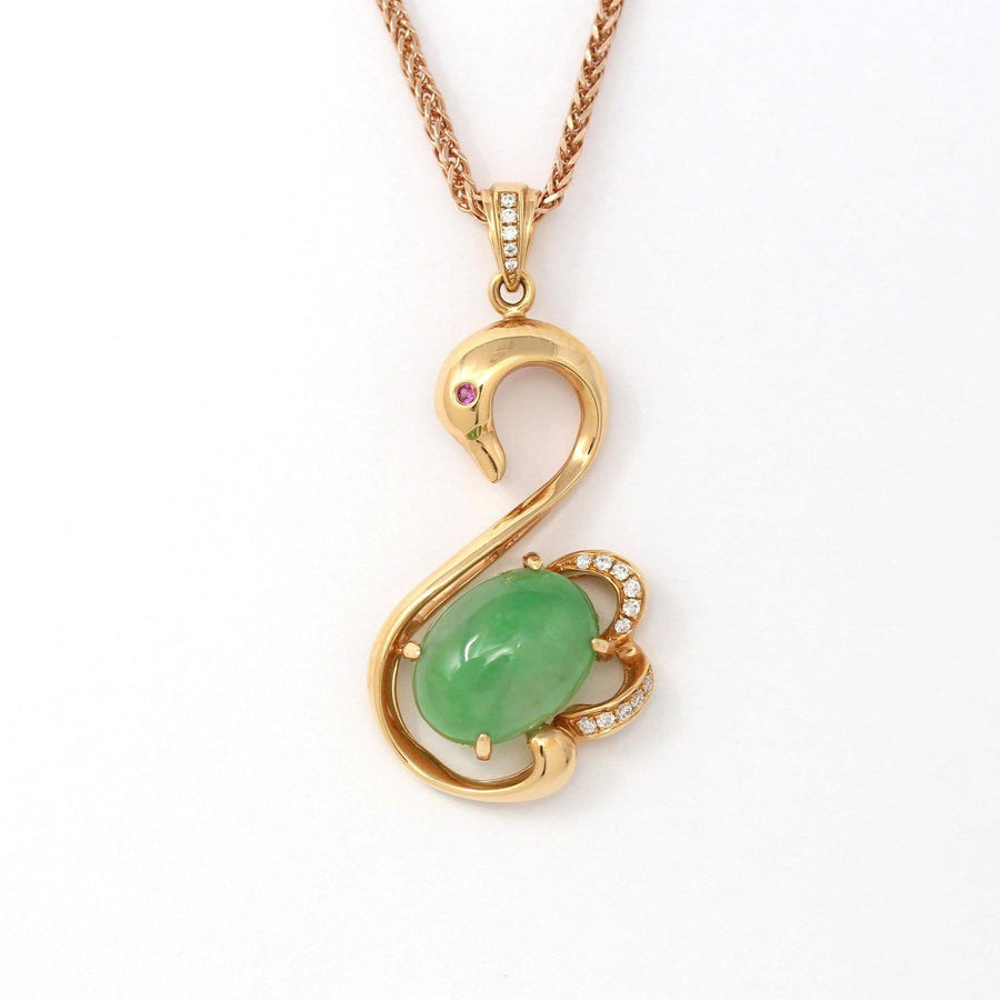 Baikalla Jewelry Gold Jadeite Necklace Baikalla™ "Love Swan" 18k Rose Gold Genuine Burmese Imperial Jadeite Swan Pendant Necklace With AA Ruby & SI Diamonds