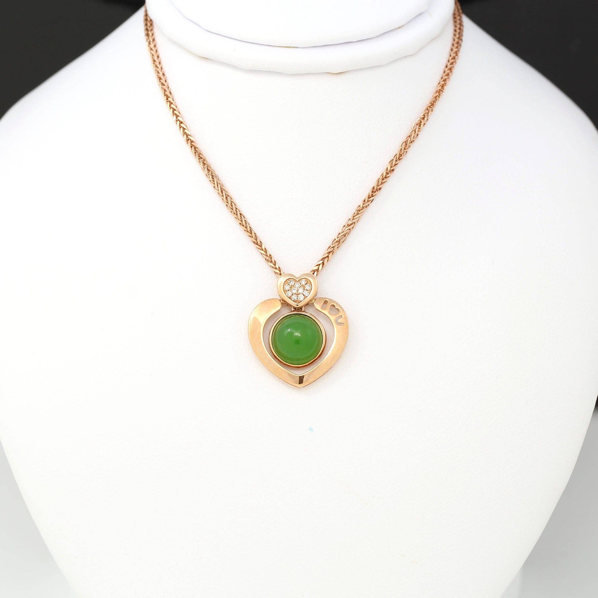 Baikalla Jewelry Gold Jade Necklace Baikalla™ " I♡U " 18K Gold Genuine Nephrite Green Jade Heart Shape Pendant Necklace With Diamonds