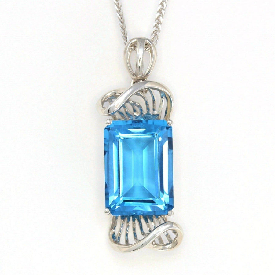Baikalla Jewelry Gemstone Pendant Necklace 18k White Gold Genuine Swiss Blue Topaz & Diamonds Pendant Necklace
