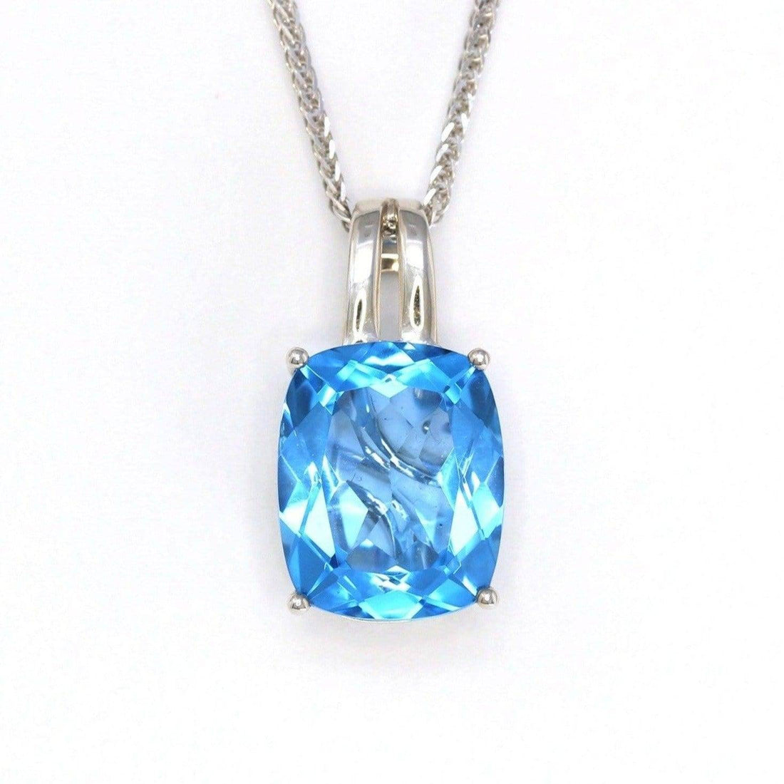 Baikalla Jewelry Gemstone Pendant Necklace 18k White Gold Genuine Cushion Cut Swiss Blue Topaz & Diamonds Pendant Necklace