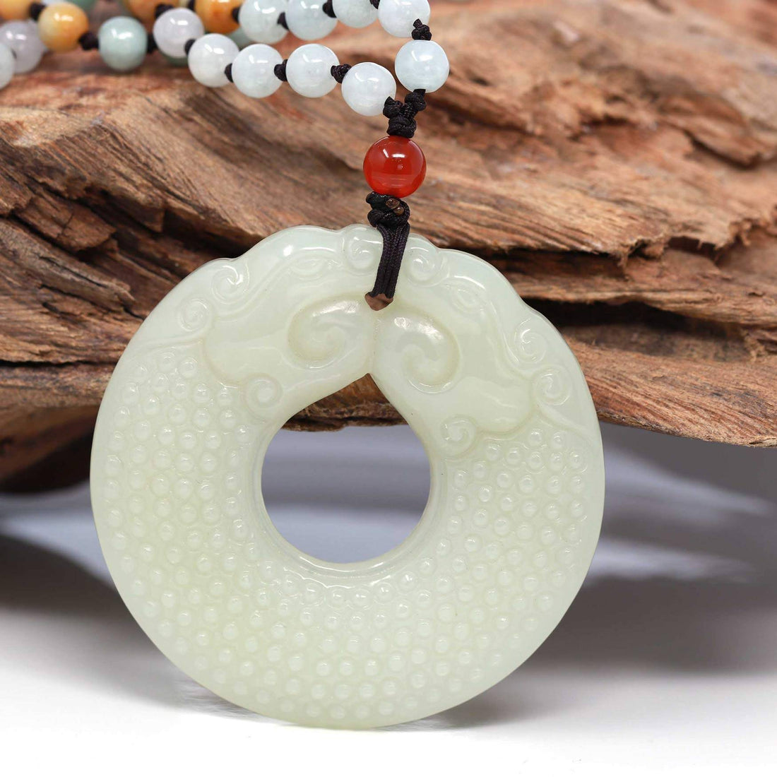 Baikalla Jewelry Jade Pendant Necklace Baikalla™ " Double Dragon Good Fortune" Carving Pendant Necklace Natural White Nephrite Jade