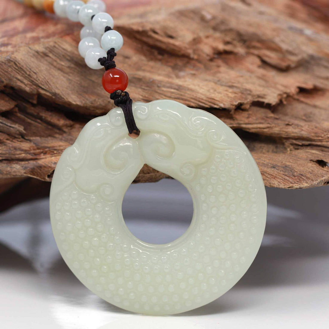 Baikalla Jewelry Jade Pendant Necklace Baikalla™ " Double Dragon Good Fortune" Carving Pendant Necklace Natural White Nephrite Jade