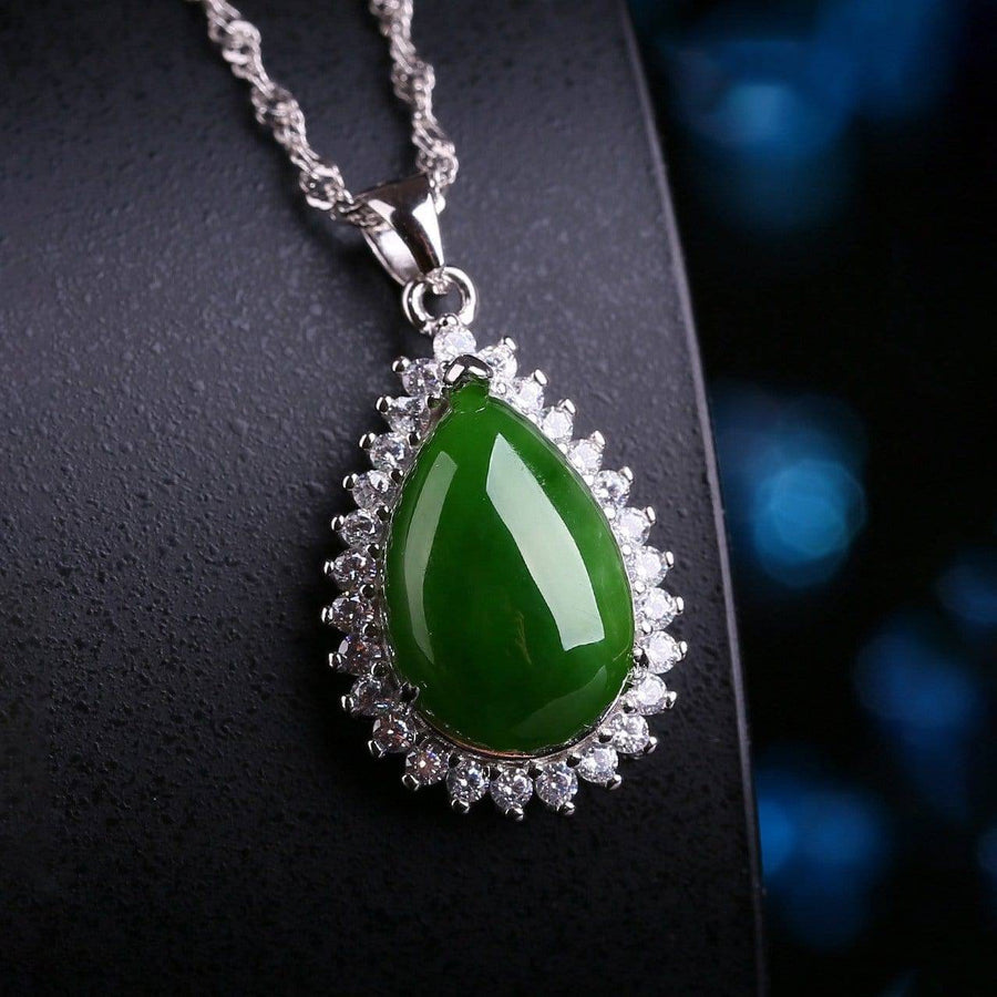 Baikalla Jewelry Jade Pendant Genuine Green Nephrite Jade Pendant Necklace Tear Drop with Zircon Halo