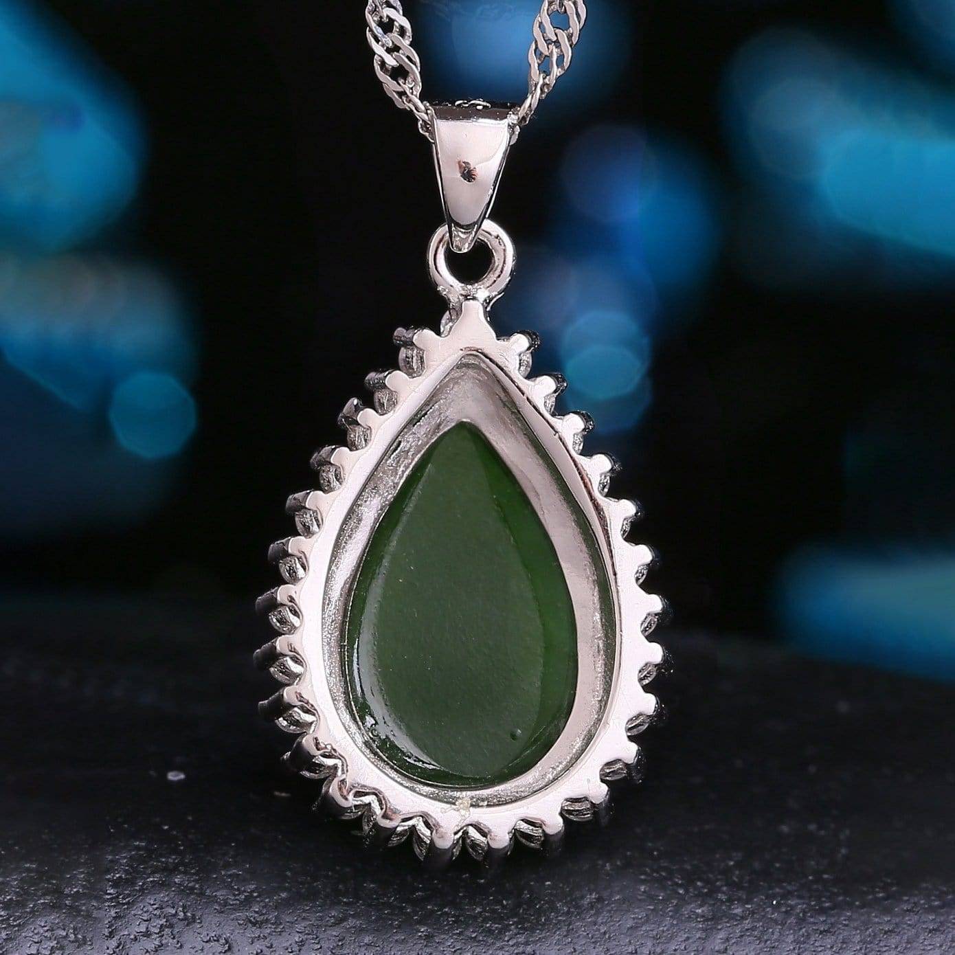 Evara Pear-Cut Emerald Necklace… | La Forêt – La Foret Jade Teardrop Halo Pendant Necklace Silver-Tone Chain Green Stone display picture 1