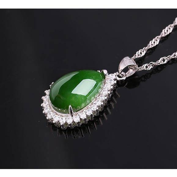 Vintage 18KGP Silvertone Apple-green Jade Teardrop Pendant  Jade Teardrop Halo Pendant Necklace Silver-Tone Chain Green Stone main image 2