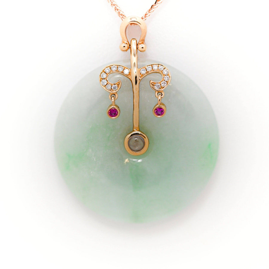 Baikalla Jewelry God Jadeite Necklace 18k Rose Gold Genuine Jadeite Constellation Horoscope (Libra) Necklace Pendant with Diamonds & Ruby