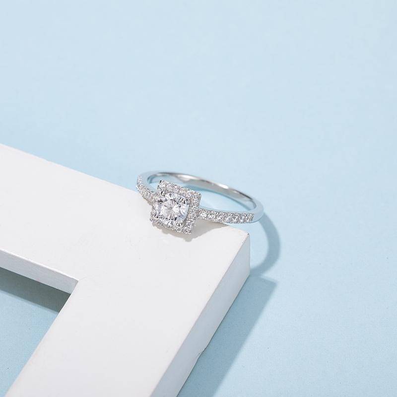 Baikalla Baikalla™ "Annalise" Sterling Silver Moissanite 4 Prong Square Halo Promise Ring