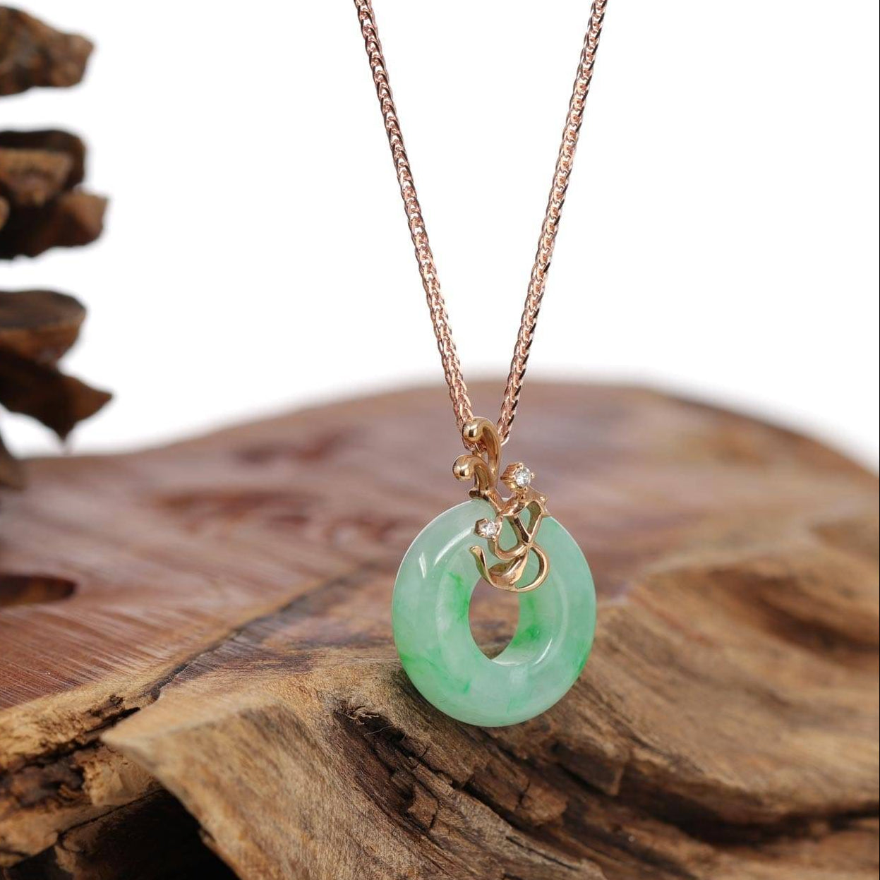 Baikalla Jewelry 18k Gold Jadeite Necklace Baikalla™ "Good Luck Birdie" 18k Rose Gold Genuine Burmese Jadeite Lucky Pendant Necklace With AA Ruby & Diamond