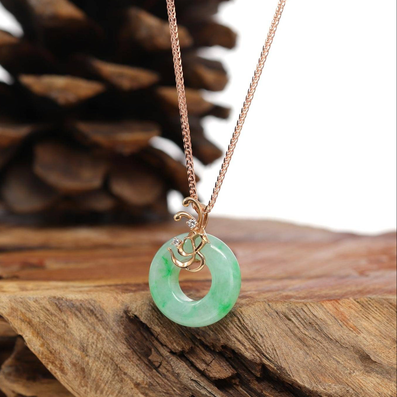 Baikalla Jewelry 18k Gold Jadeite Necklace Baikalla™ "Good Luck Birdie" 18k Rose Gold Genuine Burmese Jadeite Lucky Pendant Necklace With AA Ruby & Diamond