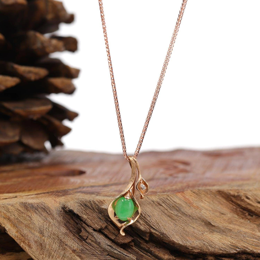 Baikalla Jewelry 18k Gold Jadeite Necklace 18K Rose Gold Genuine Imperial Jadeite Flower Pendant with Diamonds