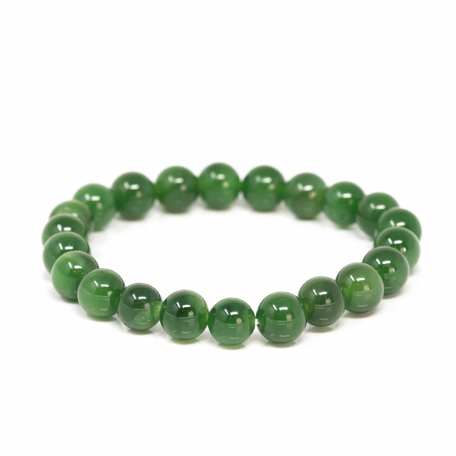 Baikalla Jewelry jade beads bracelet 6.5 inches Baikalla Genuine Green Nephrite Jade Round Beads Bracelet Bangle ( 9.5mm )