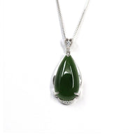 Baikalla Jewelry Jade Pendant Necklace Baikalla™ "Classic Tear-Drop" Sterling Silver Real Green Jade Classic Tear Drop Pendant Necklace