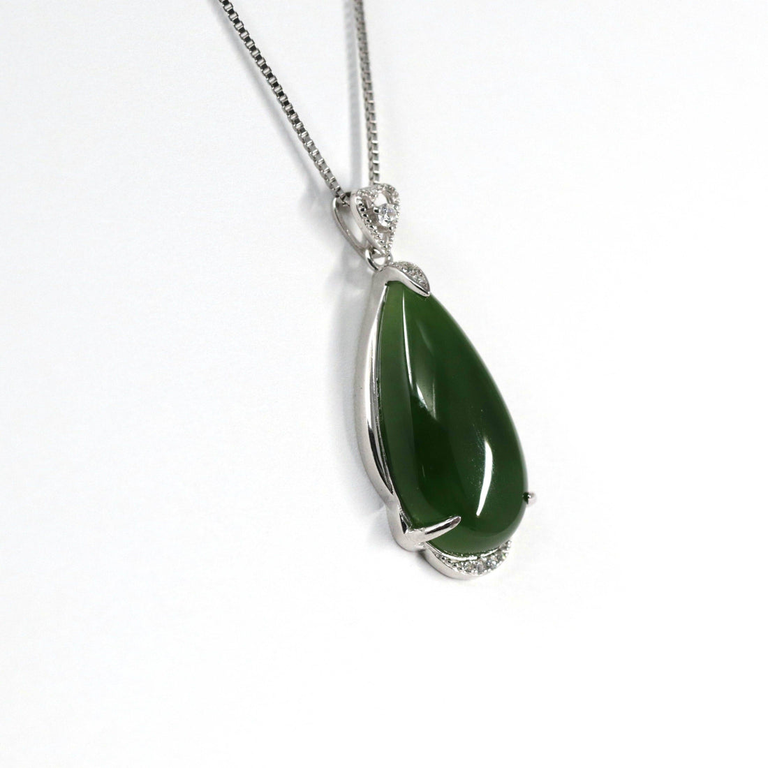 Baikalla Jewelry Jade Pendant Necklace Baikalla™ "Classic Tear-Drop" Sterling Silver Real Green Jade Classic Tear Drop Pendant Necklace