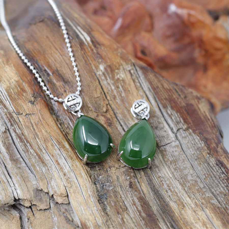 Baikalla Jewelry Jade Pendant Necklace Baikalla™ "Teardrop" Sterling Silver Real Green Jade Classic Pendant Necklace