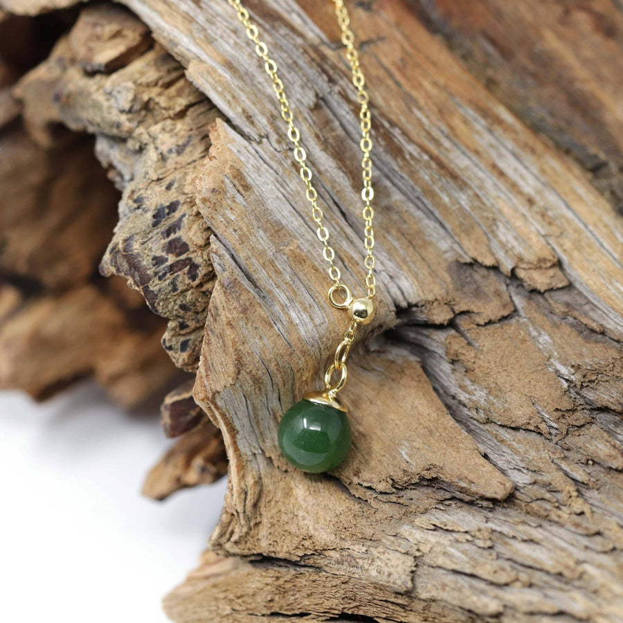 Baikalla Jewelry Jade Pendant Necklace Baikalla™ "Classic Dangle" Gold plated Silver Nephrite Green Jade Classic Bead Adjustable  Pendant Necklace