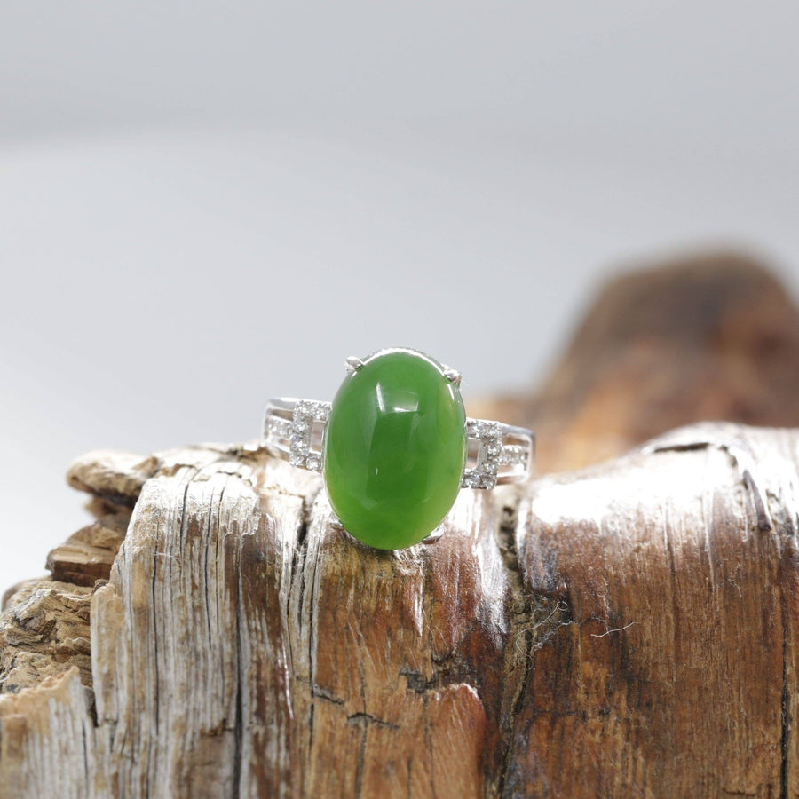 Baikalla Jewelry Jade Ring Baikalla™ "Classic Oval With Accents" Sterling Silver Real Green Nephrite Jade Classic Ring For Her