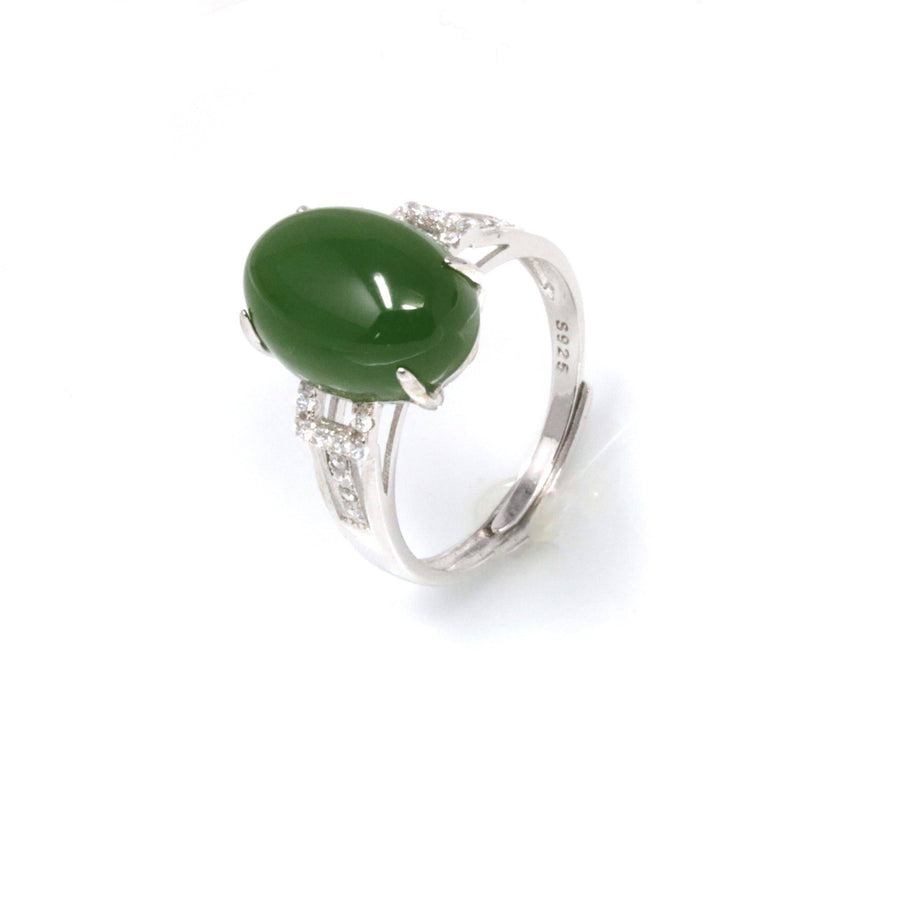 Baikalla Jewelry Jade Ring Baikalla™ "Classic Oval With Accents" Sterling Silver Real Green Nephrite Jade Classic Ring For Her