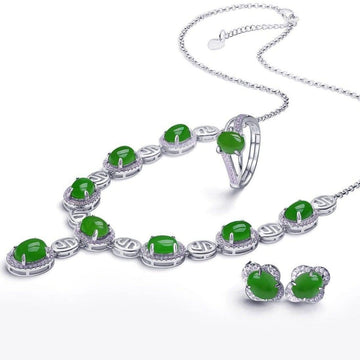 Baikalla Jewelry Gold Jade Ring Genuine Nephrite Green Jade Sterling Silver Matching Set