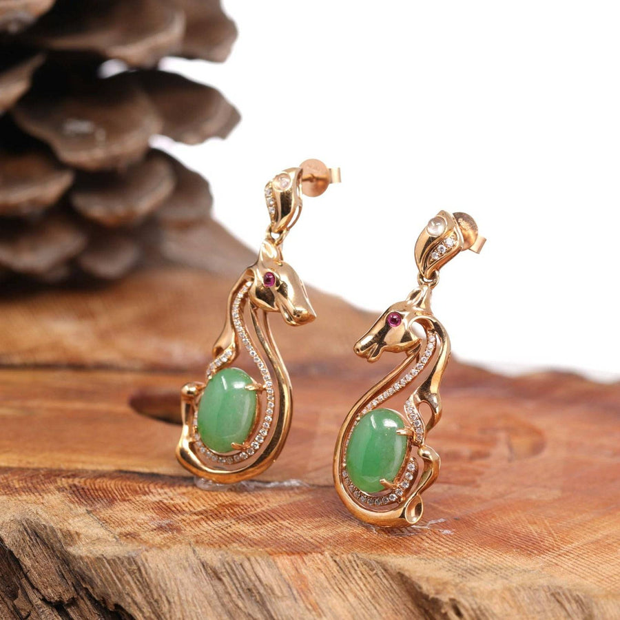 Baikalla Jewelry 18k Gold Jadeite Necklace 18k Rose Gold Genuine Jadeite Jade Golden Horse Earrings & Diamond