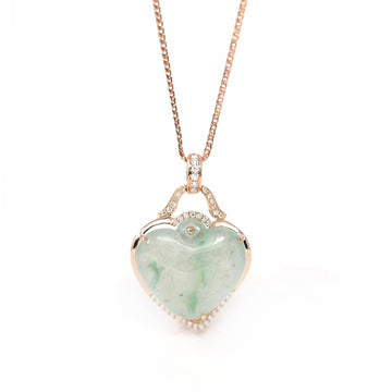 Baikalla Jewelry 18k Gold Jadeite Necklace Baikalla 18K Rose Gold Genuine Burmese Ice Jadeite Heart Pendant with Diamonds High Jewelry