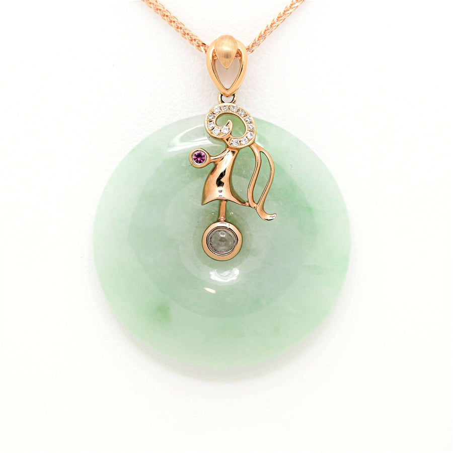 Baikalla Jewelry Gold Jadeite Necklace 18k Rose Gold Genuine Jadeite Constellation (Virgo) Necklace Pendant with Diamonds & Ruby