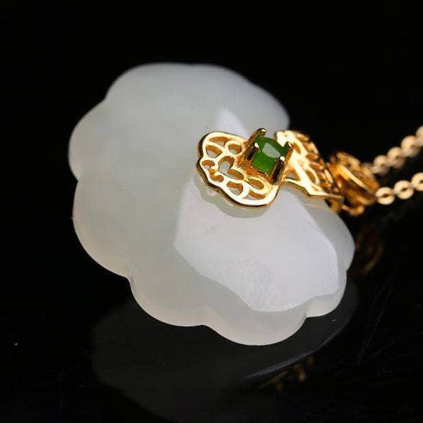 Baikalla Jewelry Silver Gemstone Necklace Genuine White Jade RuYi Pendant Necklace  with 14K Yellow Solid Gold Bail
