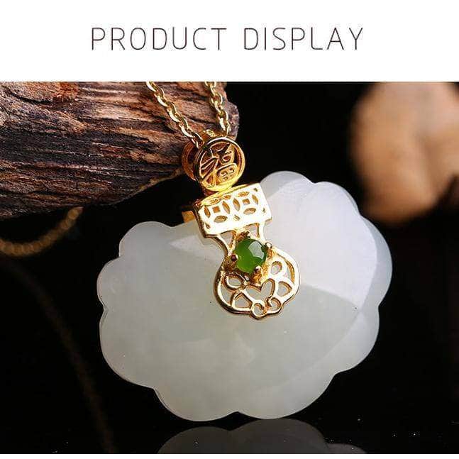Baikalla Jewelry Silver Gemstone Necklace Genuine White Jade RuYi Pendant Necklace  with 14K Yellow Solid Gold Bail