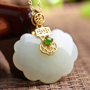 Baikalla Jewelry Silver Gemstone Necklace Pendant Only Genuine White Jade RuYi Pendant Necklace  with 14K Yellow Solid Gold Bail